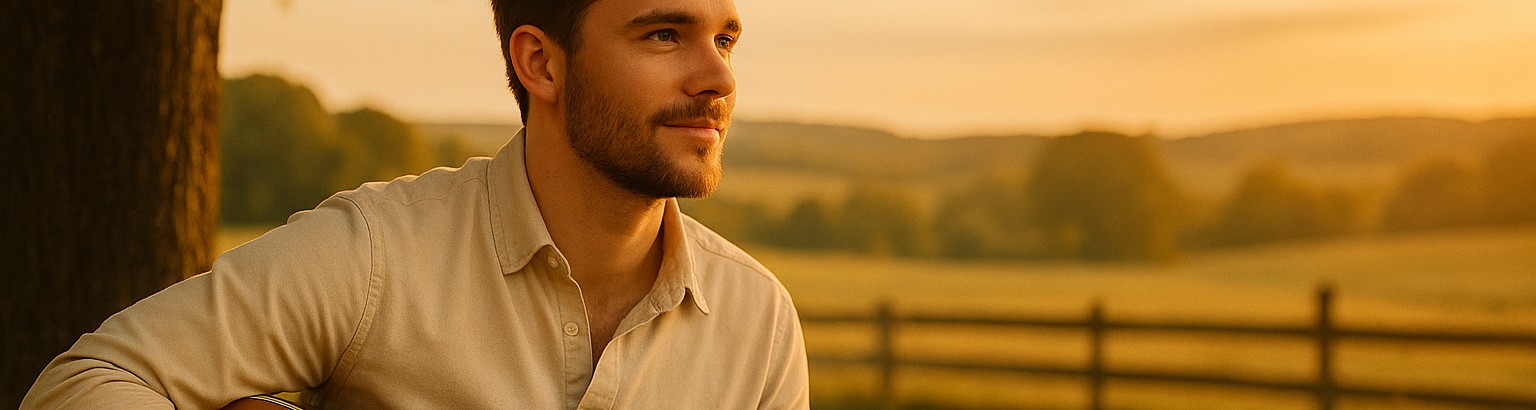Elias with guitar in countryside setting