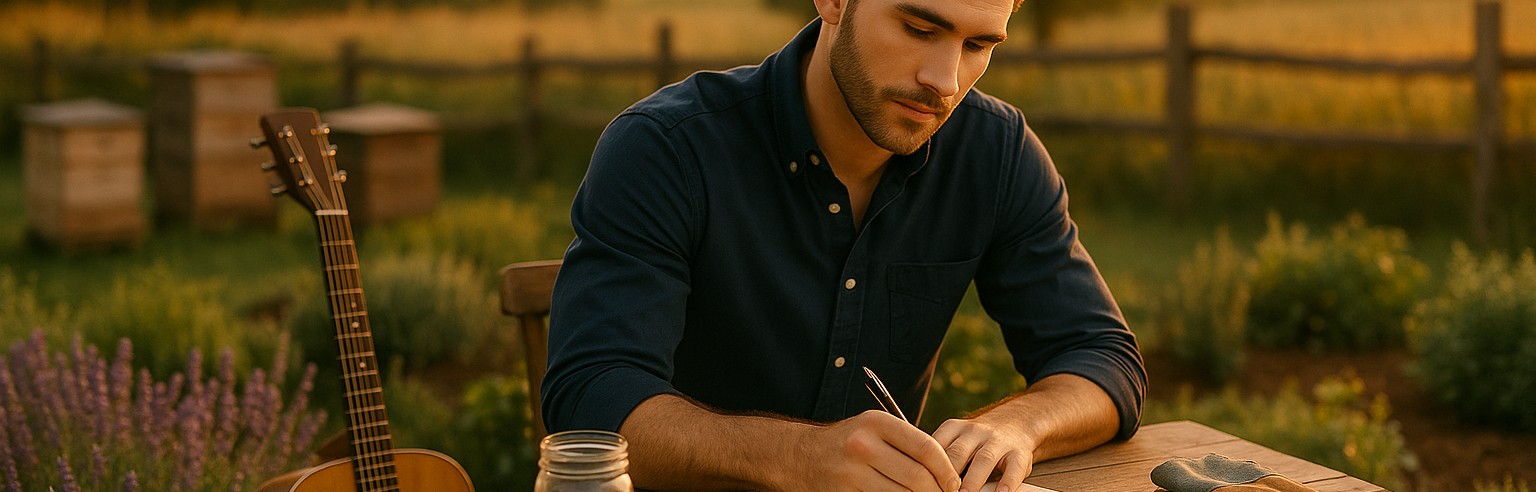 Elias in his garden with beehives or writing by a lake